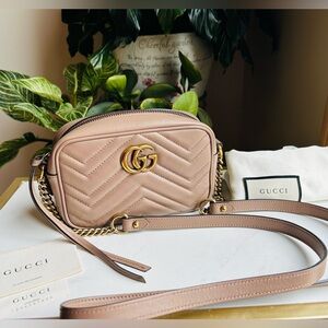 Gucci Beige/Pink Matelassé GG Marmont Mini Camera Leather Crossbody Bag
